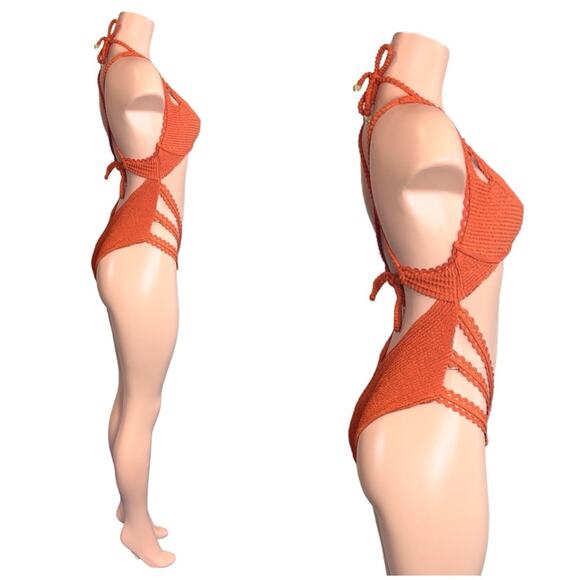 Despi Textured Burnt Orange Halter Underwire One Piece SZ L $198 - Picture 10 of 14